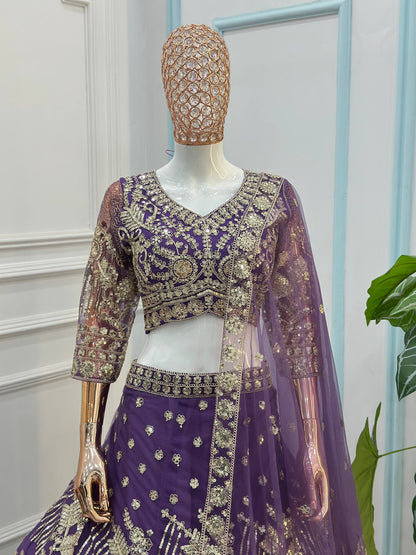 Designer Butterfly Net Lehenga Choli with Sequins & Cording Embroidery Work | Semi-Stitched Wedding & Party Wear Lehenga