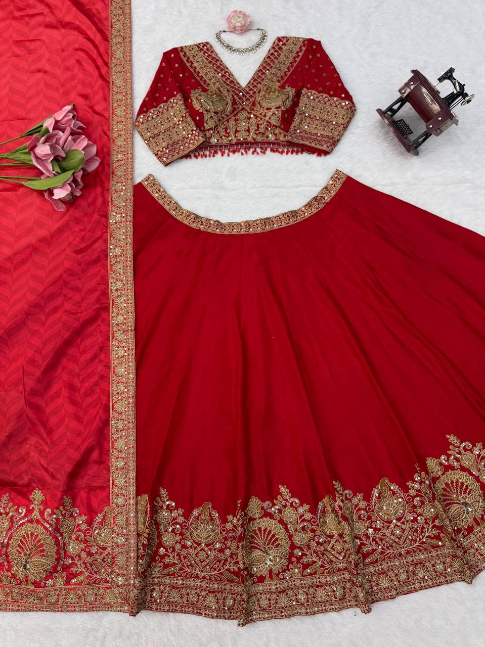 Opulent Red Chinon Silk Lehenga Set with Heavy Coding & Sequins Work