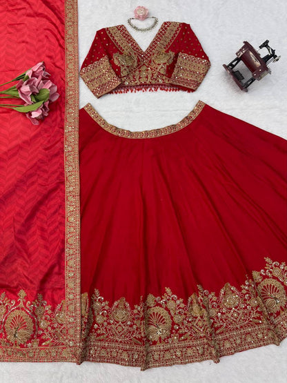Opulent Red Chinon Silk Lehenga Set with Heavy Coding & Sequins Work