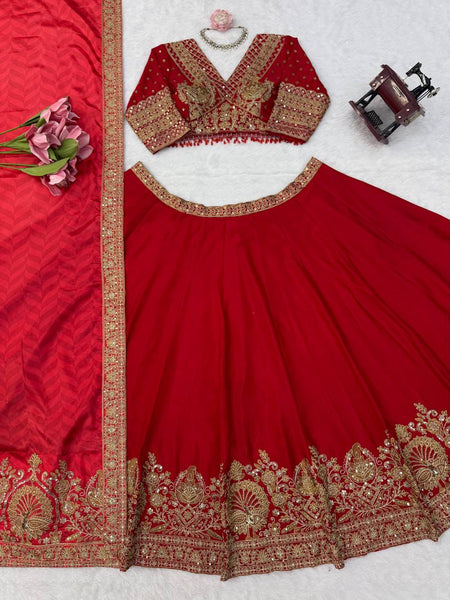 Opulent Red Chinon Silk Lehenga Set with Heavy Coding & Sequins Work