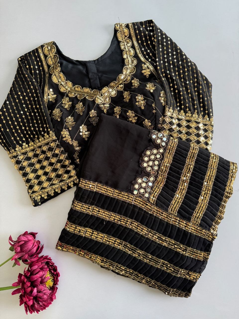 Glamorous Black Crush Pleated Georgette Saree