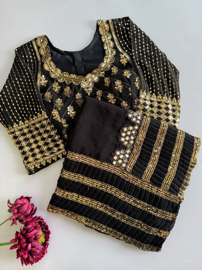Glamorous Black Crush Pleated Georgette Saree