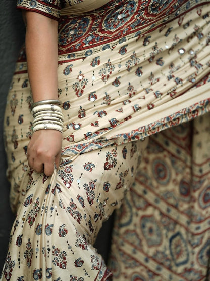 Premium Digital Print Silk Crape Saree with Mirror Work