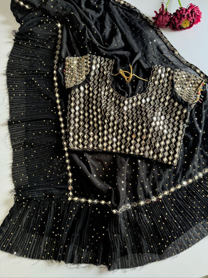 Sequins Faux Georgette Saree with Crush Pleats & Stitched Real Mirror Work Blouse