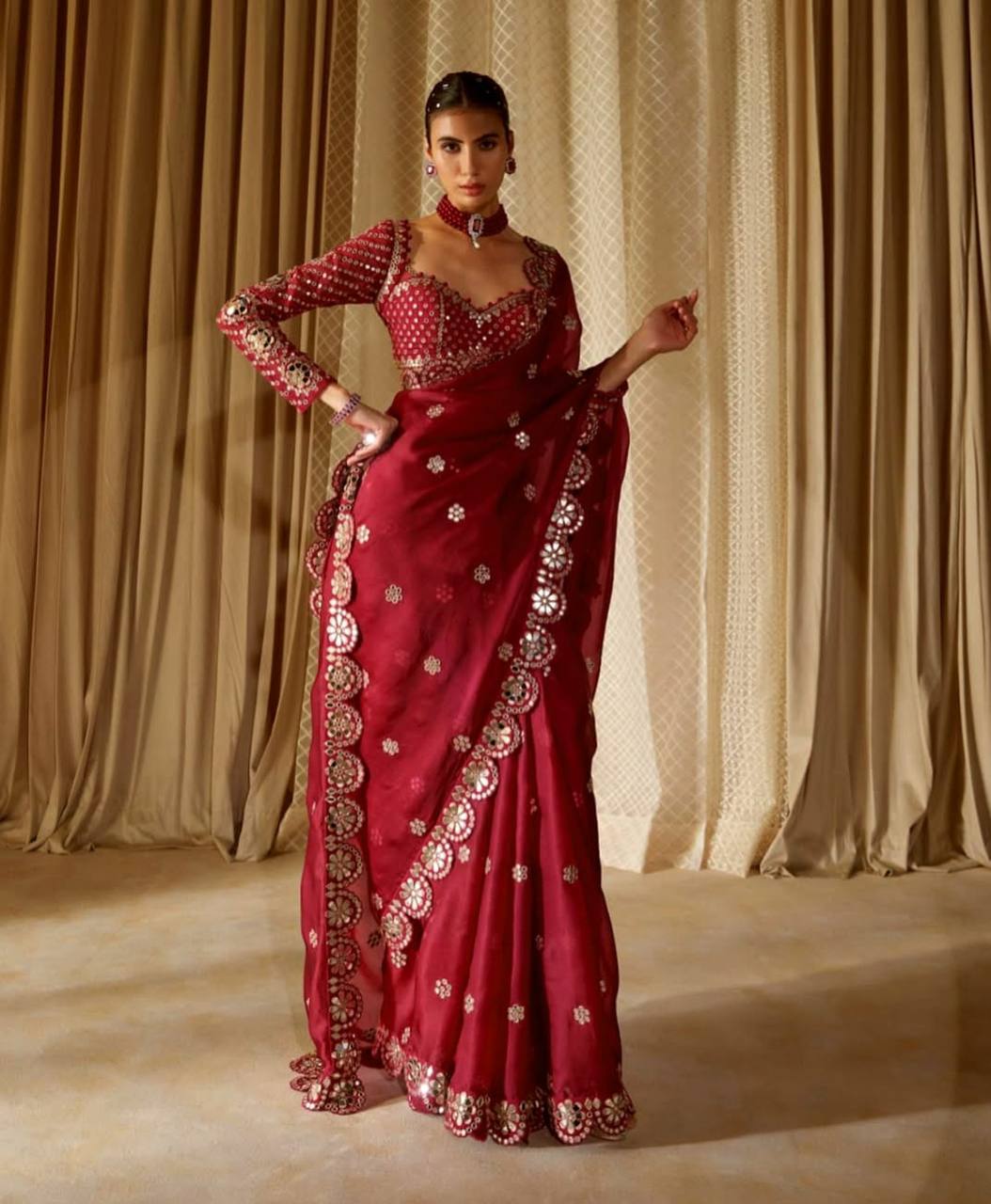 Faux Georgette Saree with 5mm Sequins & Handwork Mirror Lace Border
