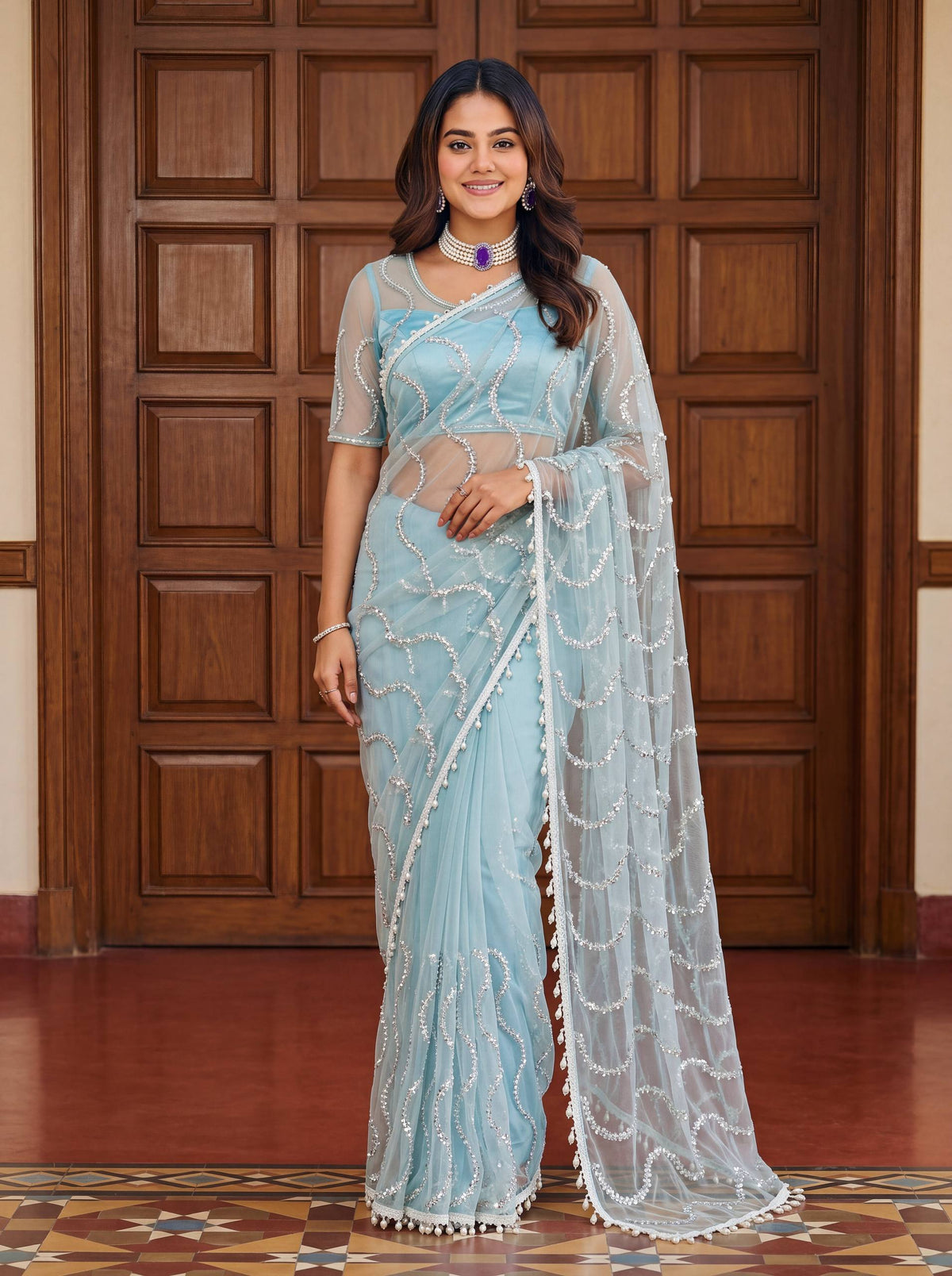 designer Net Embroidered Saree with Beads, Sequins & Pearl Work | Matching Unstitched Blouse