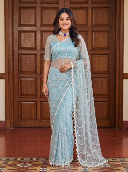 designer Net Embroidered Saree with Beads, Sequins & Pearl Work | Matching Unstitched Blouse