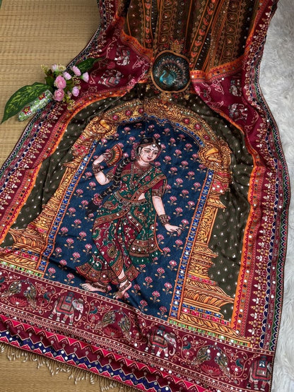 Silk Crepe Printed Saree with Hand Real Mirror Work & Moti Tassels