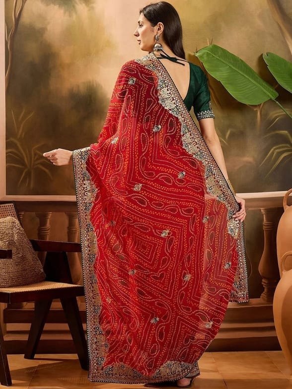 Red Soft Georgette Bandhani Saree with Heavy Embroidered Border & Banglori Satin Blouse Piece