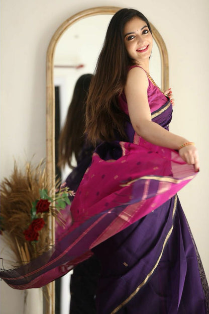 Elegant Soft Linen Slub Saree with Rich Jacquard Weave & Contrast Border Blouse
