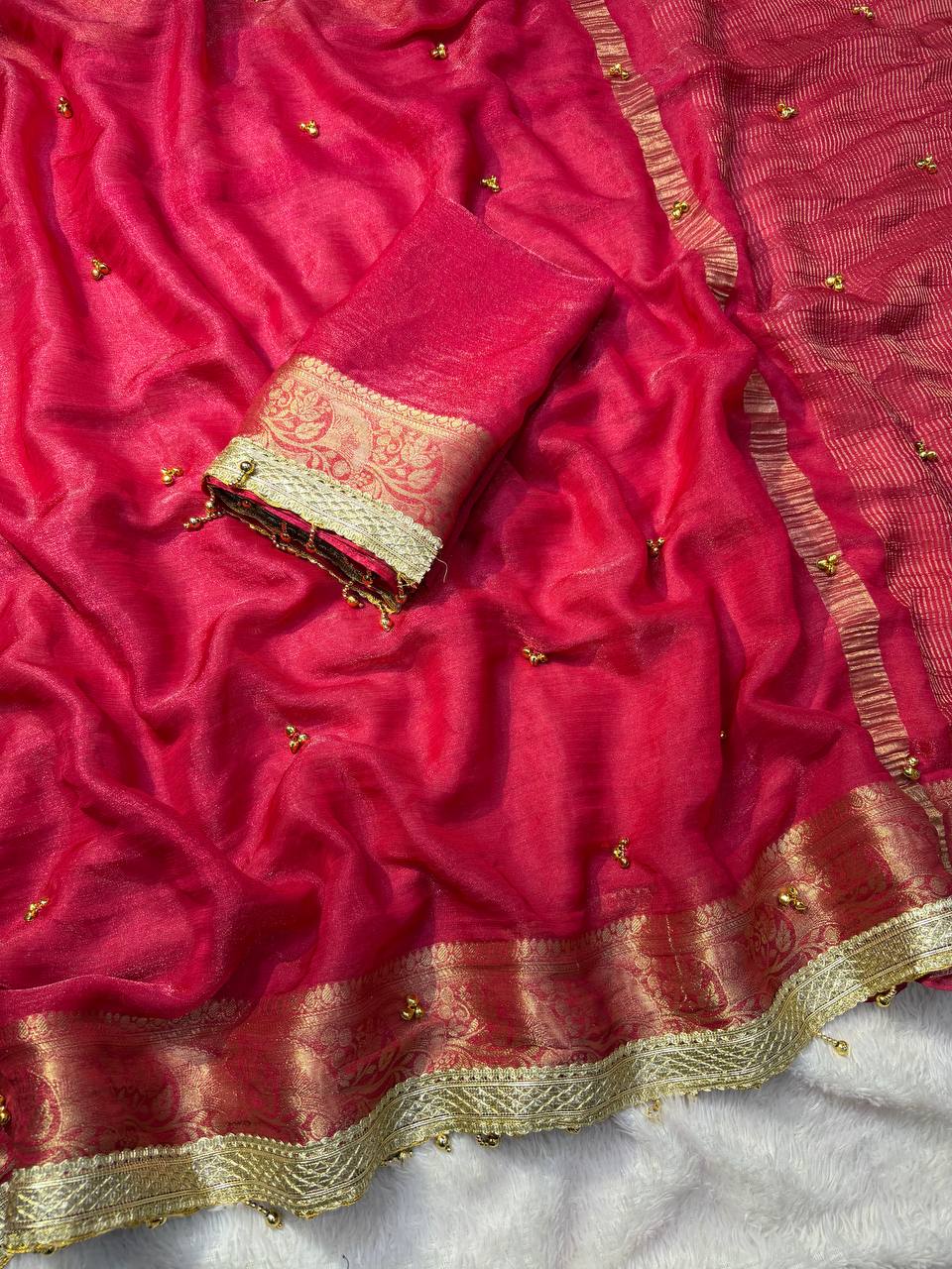 Premium Soft Tissue Silk Saree with Real Ghungroo Work & Minimal Border