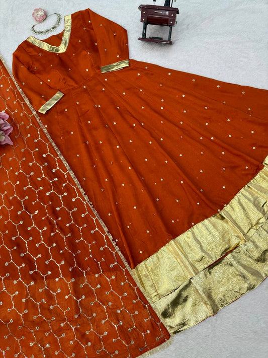 Rust orange Vichitra Silk Anarkali set front view