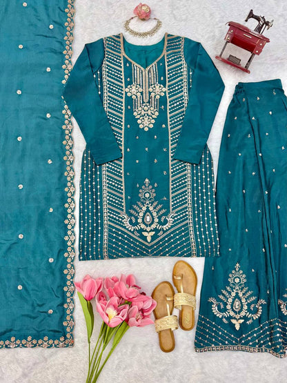 SP-107 teal Chinon silk suit complete set flat lay
