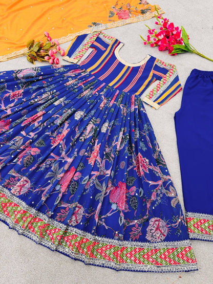 Designer Party Wear Look Digital Print Anarkali Suit With Embroidery Sequence Work With Bottom and Dupatta