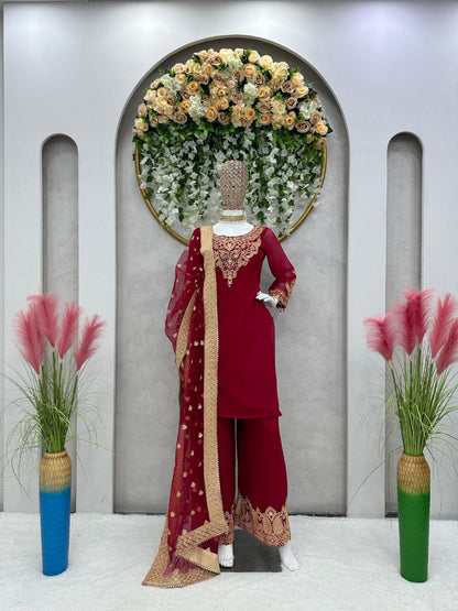 Beautiful Pakistani Embroidered Cherry Red Color 3 Pc Kurta & Palazzo set