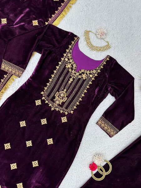 Beautiful Wine Color Heavy Velvet Thread Sequence Work Salwar Suit