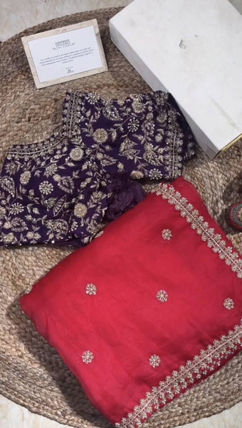 Red Color Organza Silk Sequence Work Wedding Wear Saree Blouse