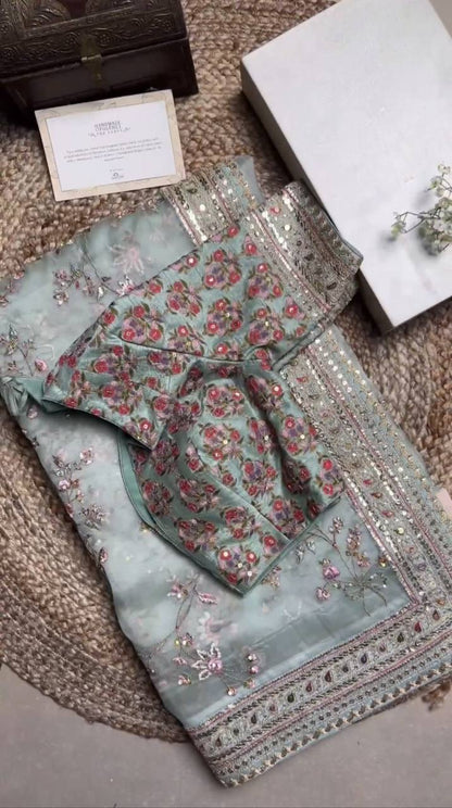 Party Wear Sea Green Color Organza Silk Sequence Thread Printed Work Saree Blouse