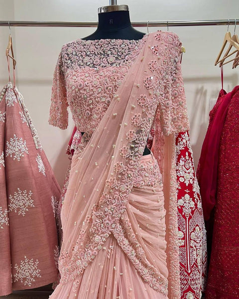 Party Wear Net Sequence Pearl Work Saree Blouse