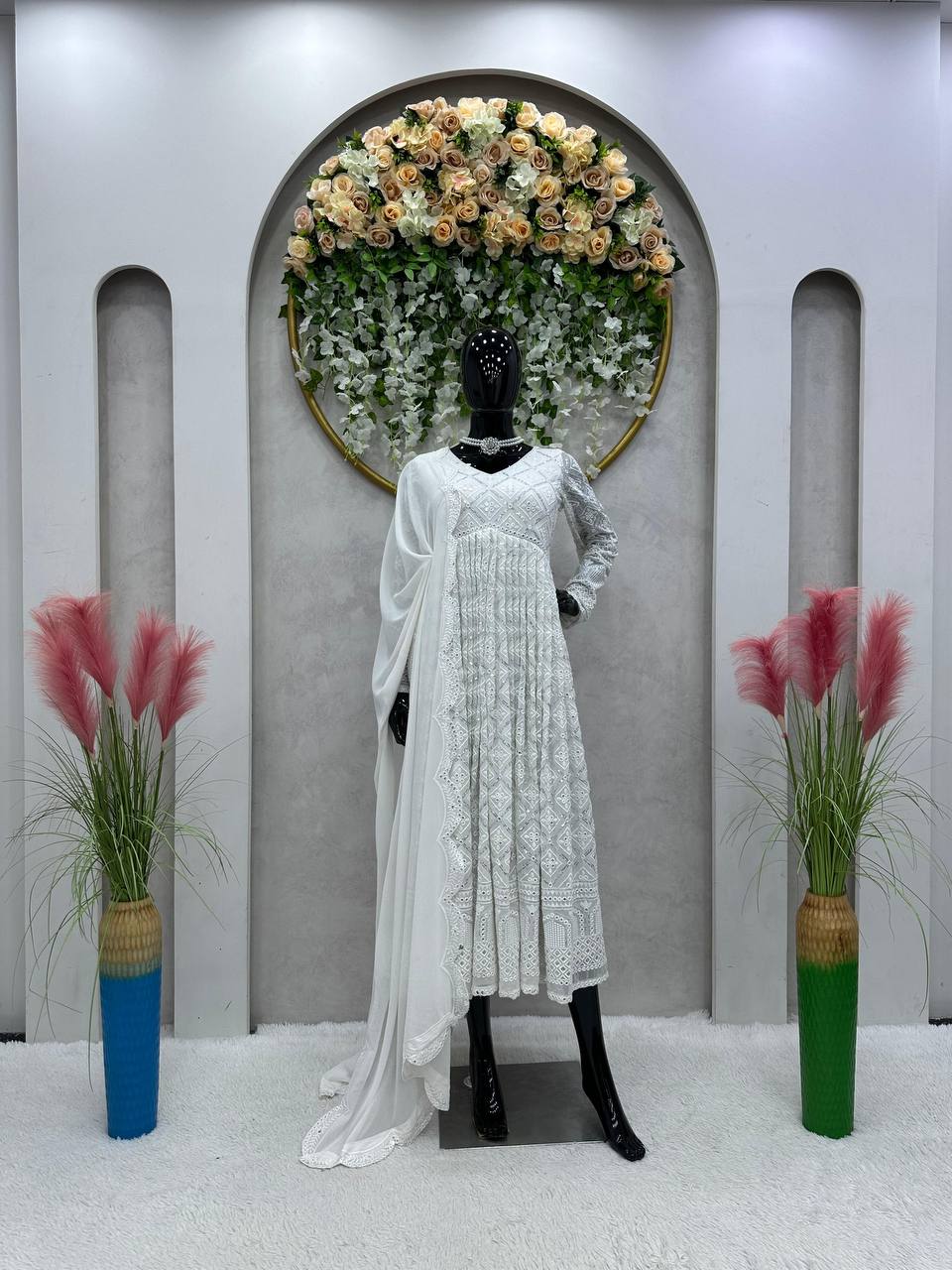 Latest Faux Georgette Anarkali Lucknowi Embroidery Wotk Ready Made Gown Dupatta