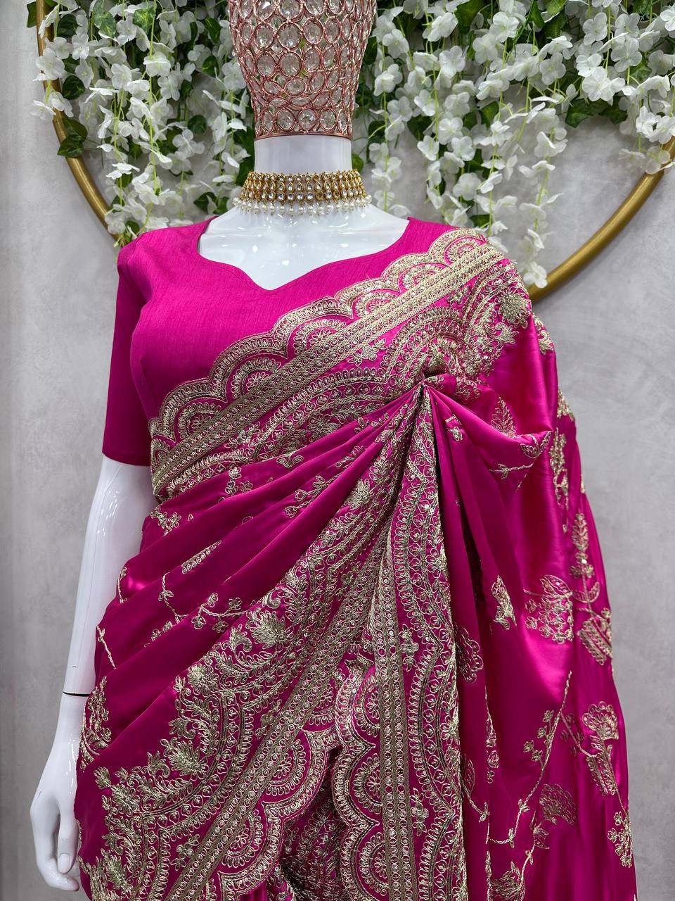 Party Wear Pink Color Japan Satin Sequence Work Saree Blouse