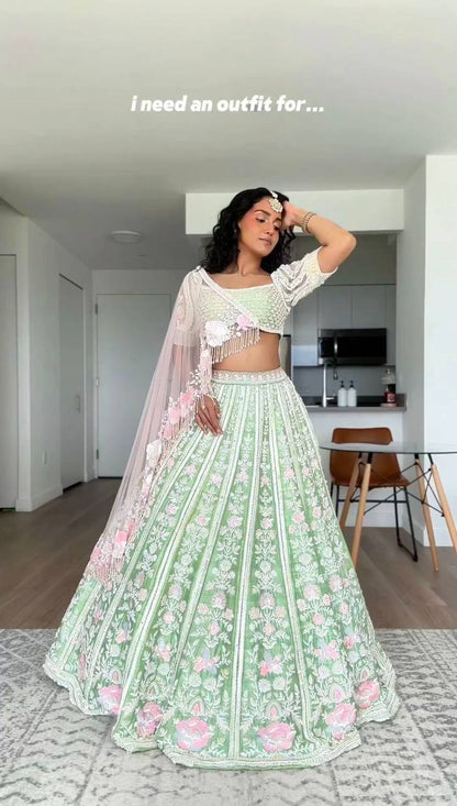 Sea Green Color Mono Banglori Sequence Work Lehenga Choli