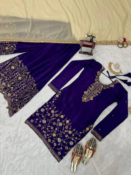 Violet Color Thread Sequence Work Chinon Silk Salwar Suit