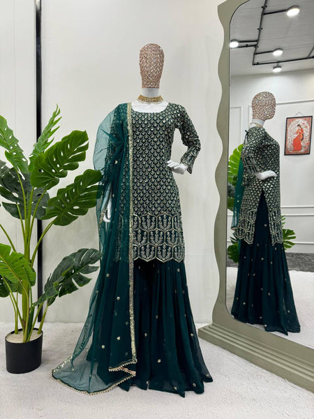 Party Wear Green Color Georgette Sequence Work Sharara Suit