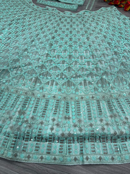 Sea Green Net Sequence Lehenga Choli