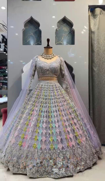 Lavender Net Real Mirror Work Lehenga Choli