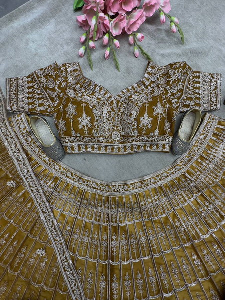 Mustard color Embroidery With Sequence Work Net Lehenga Choli
