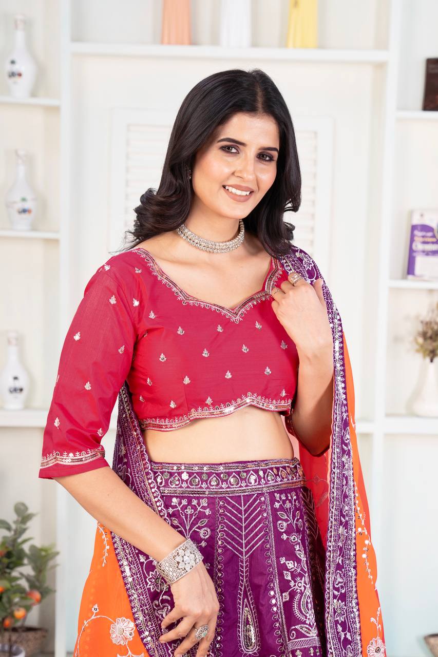 Wine Color Jalpari Silk Embroidered Lehenga Choli
