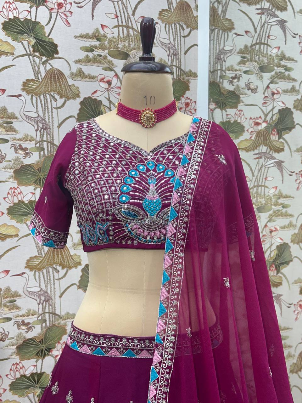 Wedding Wear Wine Georgette Sequence Lehenga Choli