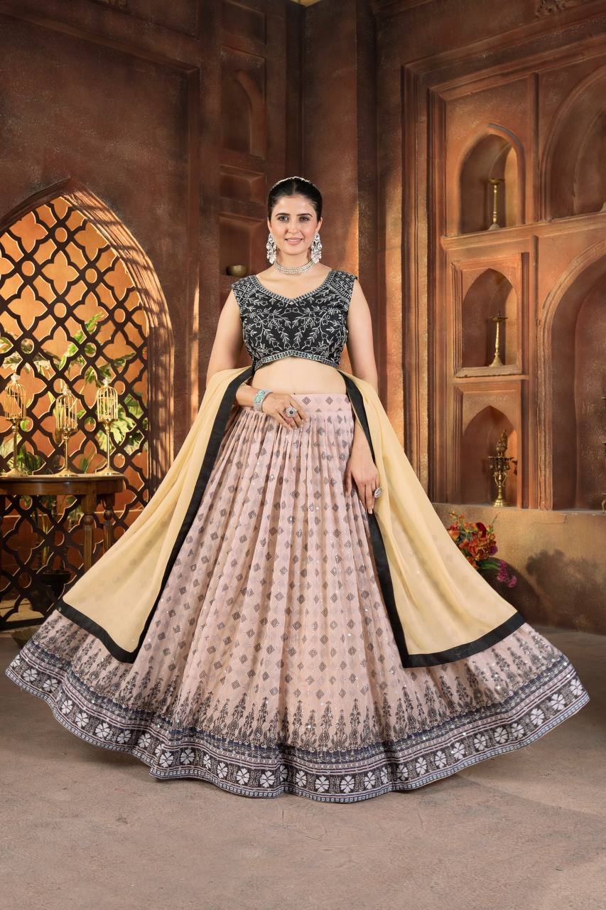 Cream Color Georgette Sequence 4 Meter Flair Lehenga Choli