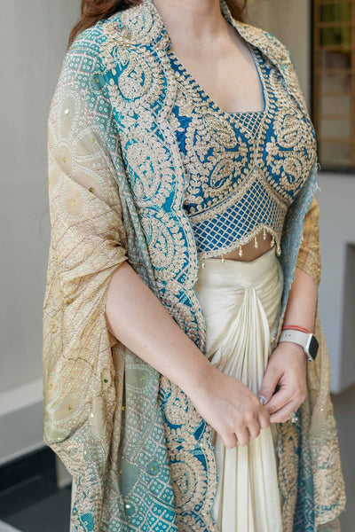 Ready to Wear Chinon Silk Multi Thread Work Indo Western Drape Saree