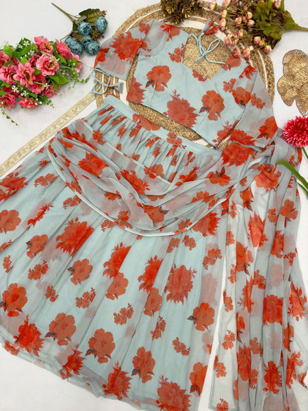 Grey Color Ready to wear Georgette Digital Printed Lehenga Saree