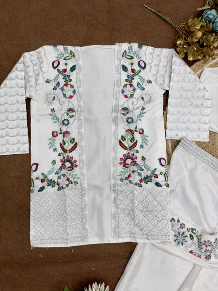 White Color Ready to wear Chinon Silk Jacket Saree