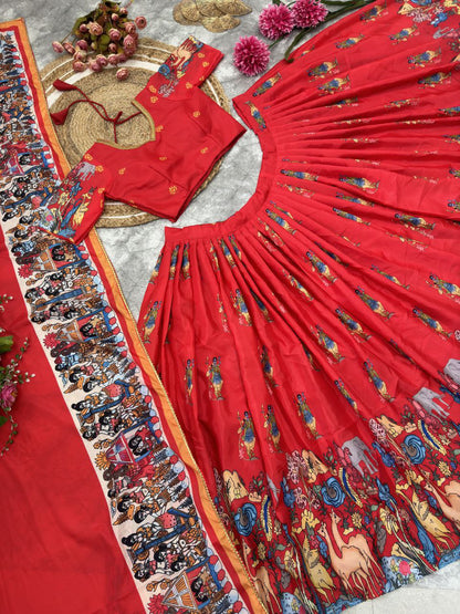 Ready Made Red Color French Crape Silk Printed Lehenga Choli