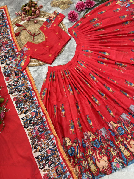 Ready Made Red Color French Crape Silk Printed Lehenga Choli
