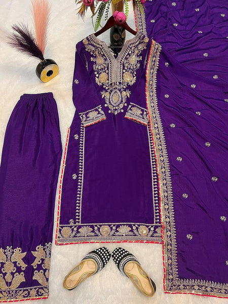 Purple Color Chinon Silk Sequence Work Sharara Suit