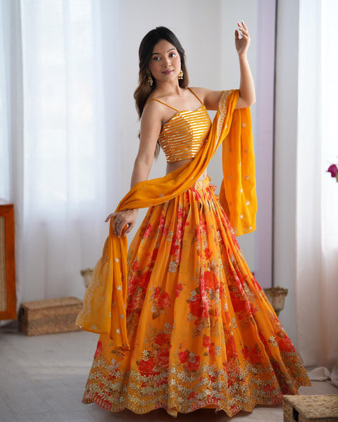 Orange Color Georgette Sequence Koti Lehenga Choli