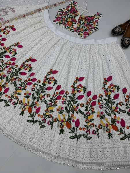 White Color Georgette Sequence Lehenga Choli