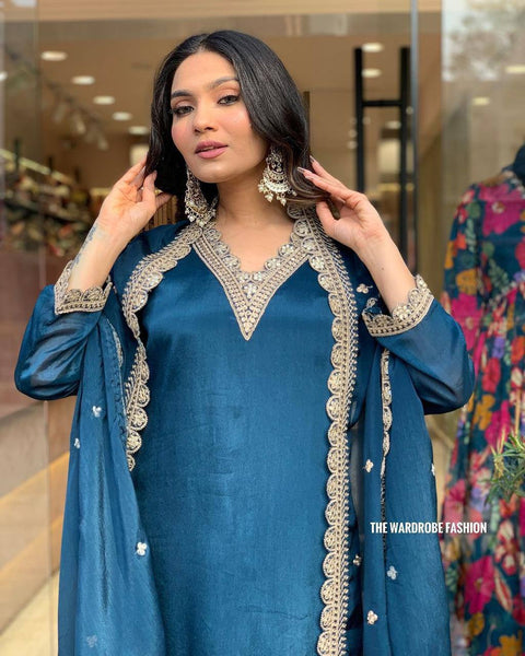 Trendy Rama Satin Embroidery Salwar Suit