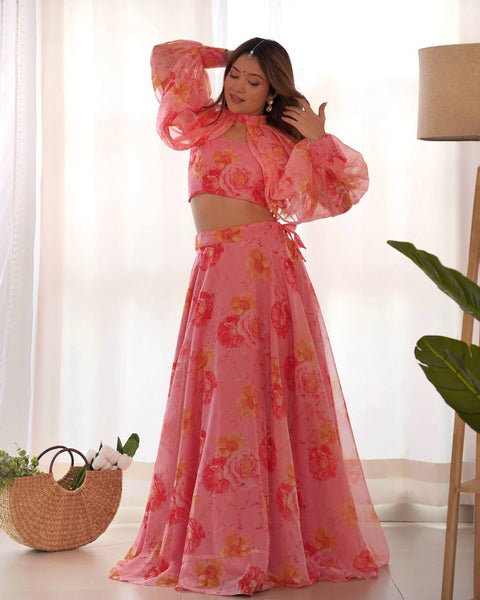 Pink Color Full Stitched Printed Organza Lehenga Choli