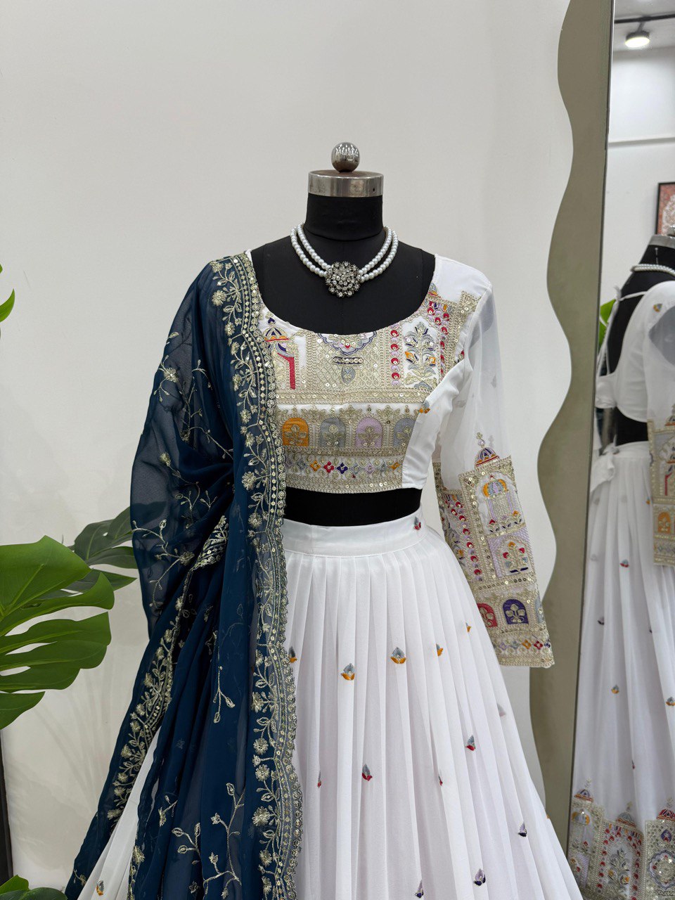 White Color Faux Georgette With Sequnce Work Lehenga Choli