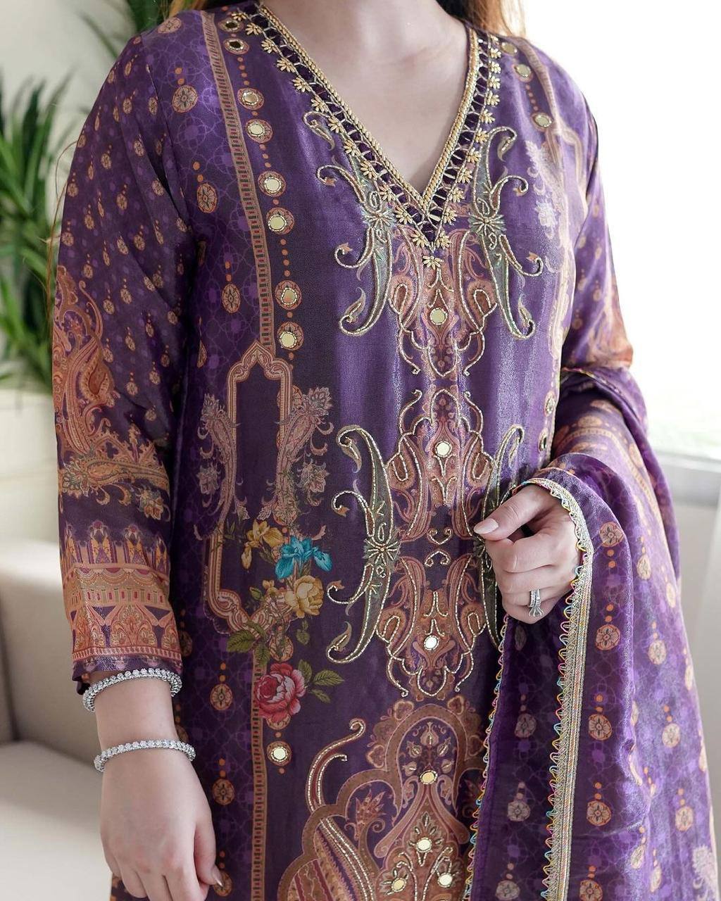 Purple Color Satin Printed Mirror Salwar Suit