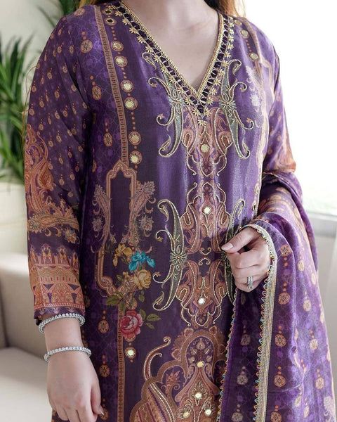 Purple Color Satin Printed Mirror Salwar Suit