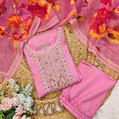 Pastel Pink Color Roman Silk Embroidery Salwar Suit