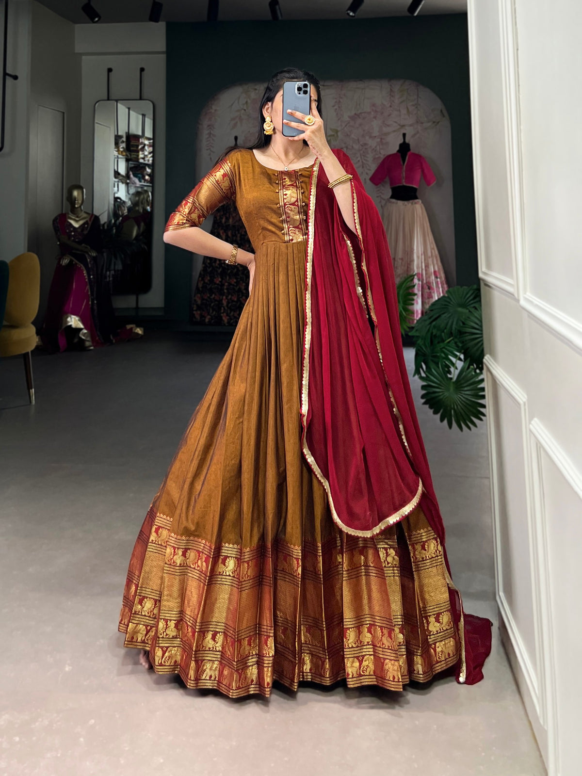 Brown Color Cotton Zari Weaving Gown Dupatta