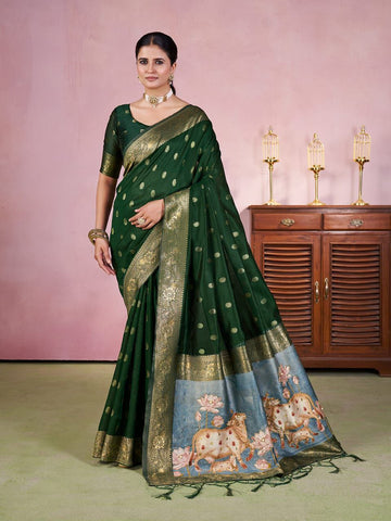 Green Color Jacquard Digital Zari Weaving Saree Blouse